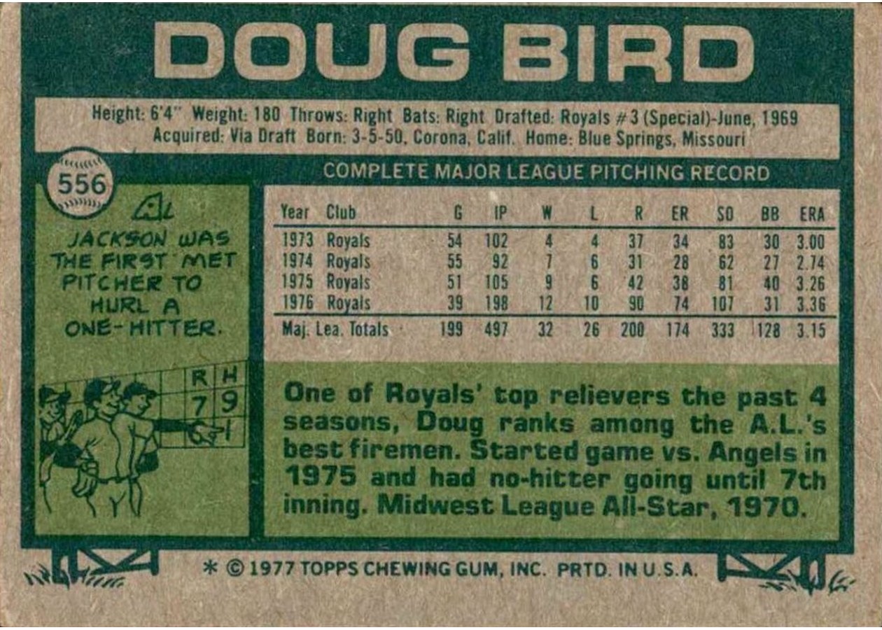 1977 Topps #556 Doug Bird card back