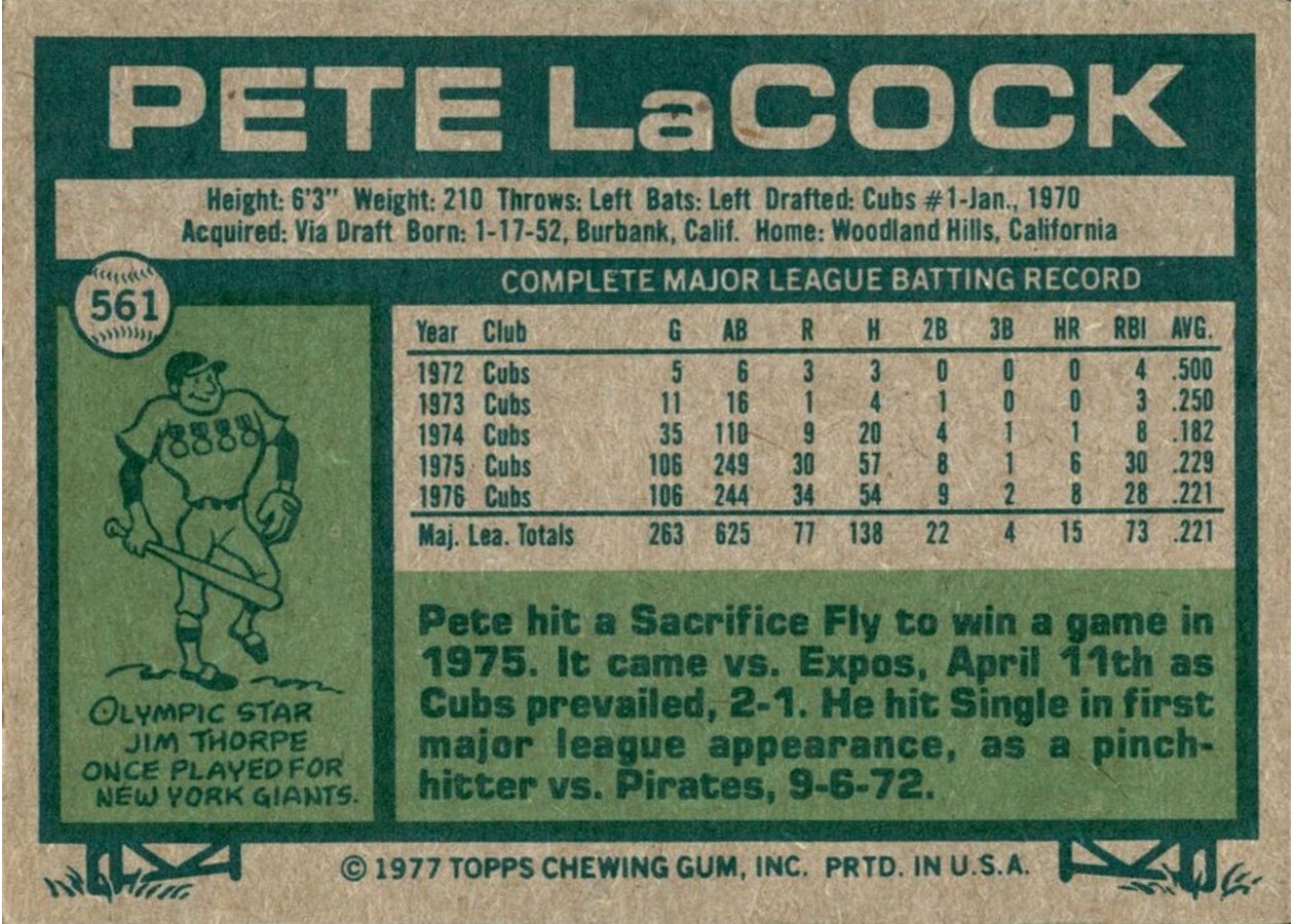 1977 Topps #561 Pete LaCock card back