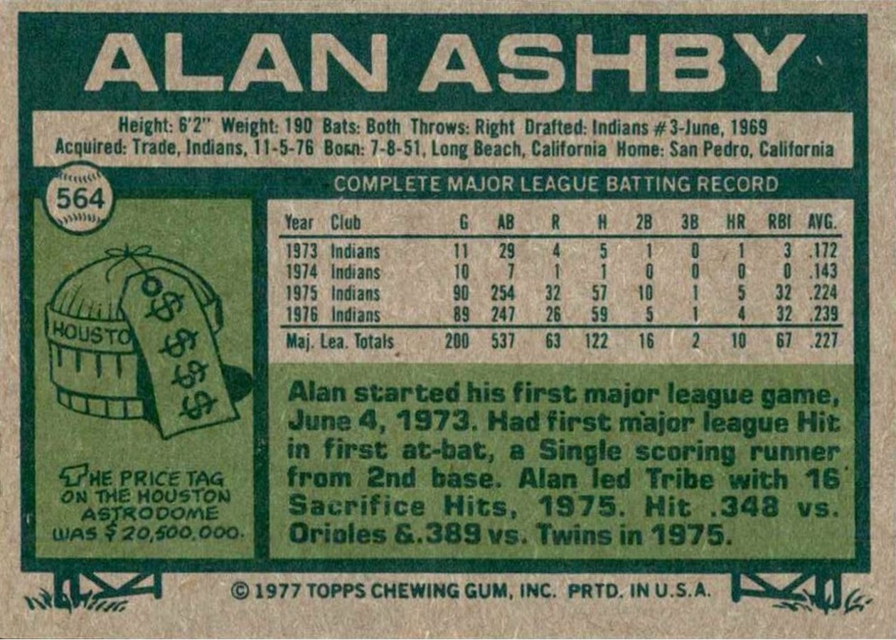 1977 Topps #564 Alan Ashby card back