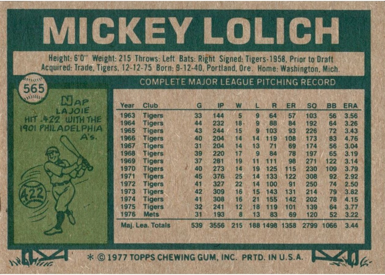 1977 Topps #565 Mickey Lolich card back