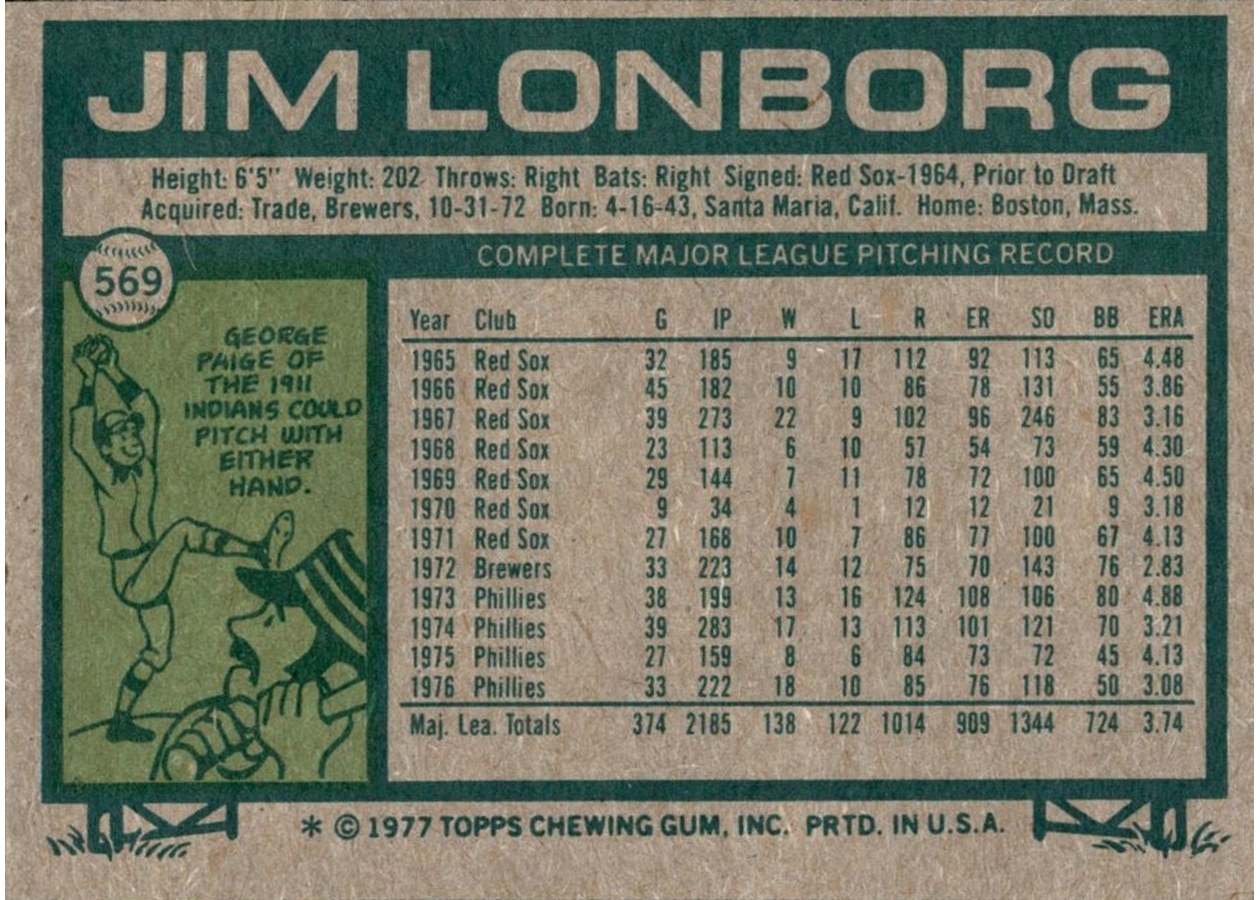 1977 Topps #569 Jim Lonborg card back