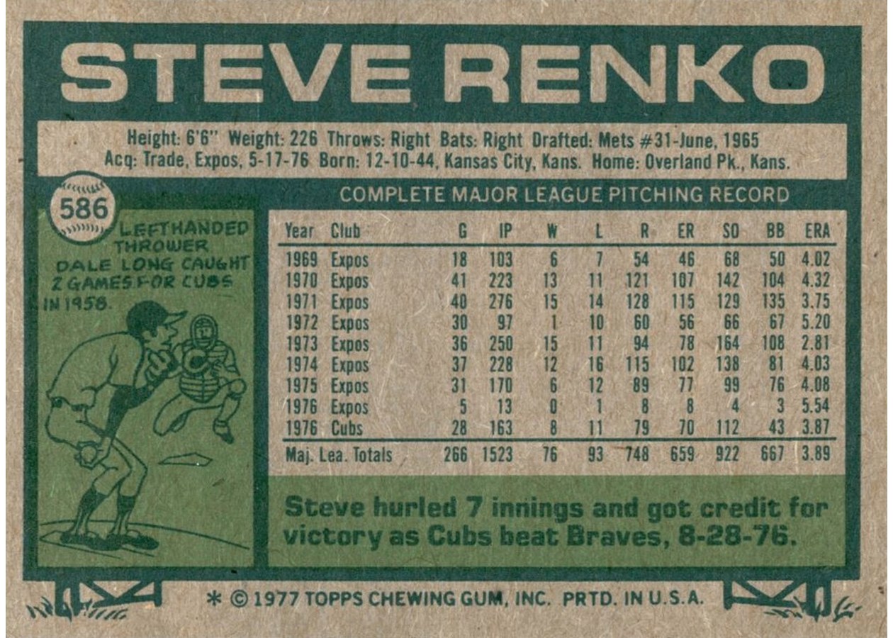 1977 Topps #586 Steve Renko card back