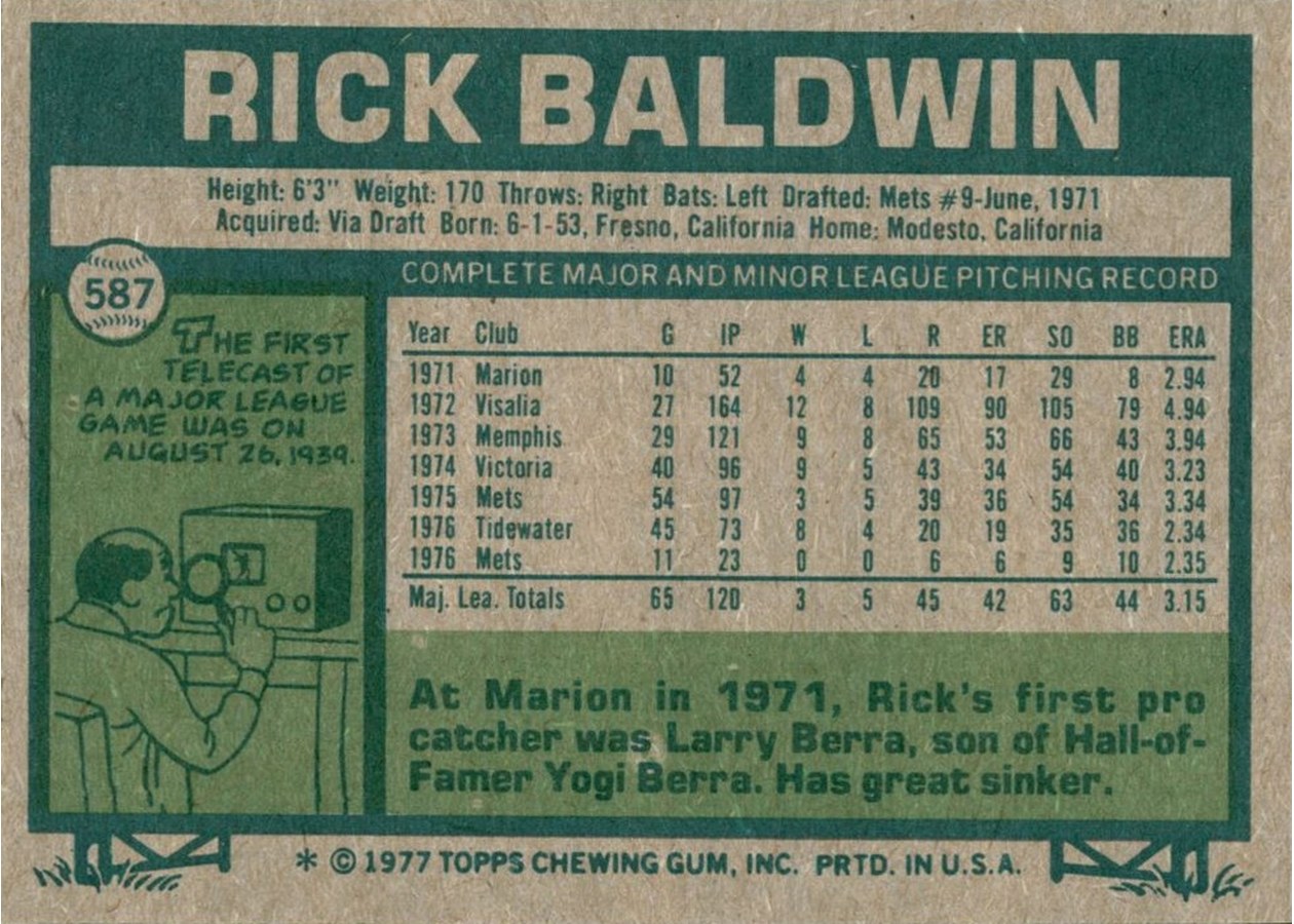 1977 Topps #587 Rick Baldwin card back