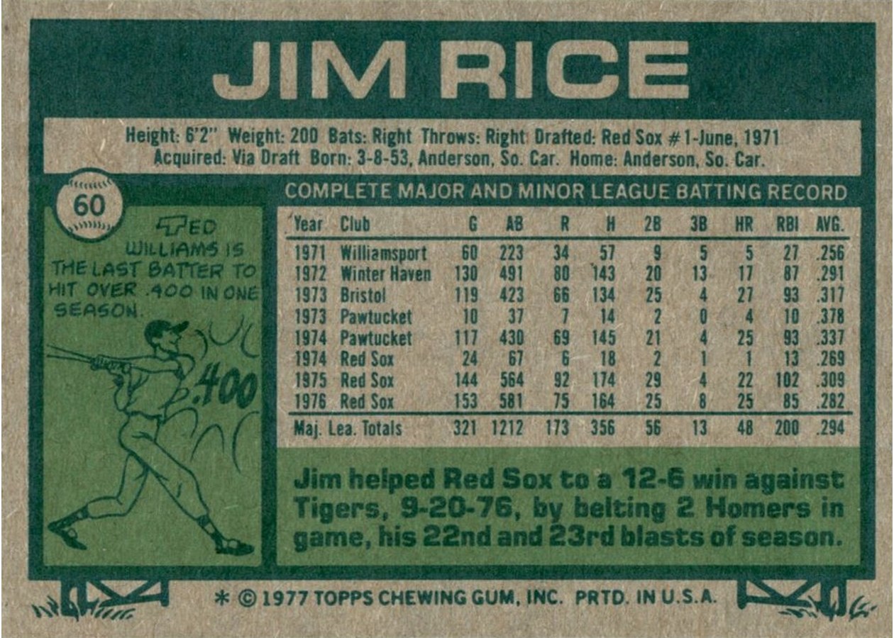 1977 Topps #60 Jim Rice card back