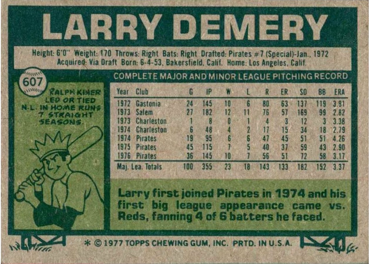 1977 Topps #607 Larry Demery card back