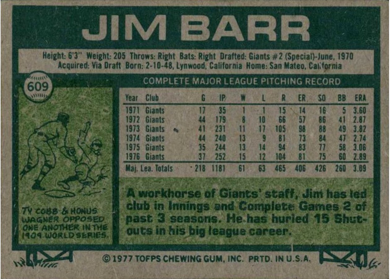 1977 Topps #609 Jim Barr card back