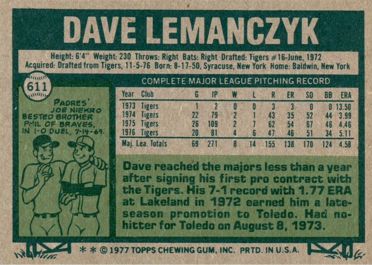 1977 Topps #611 Dave Lemanczyk card back
