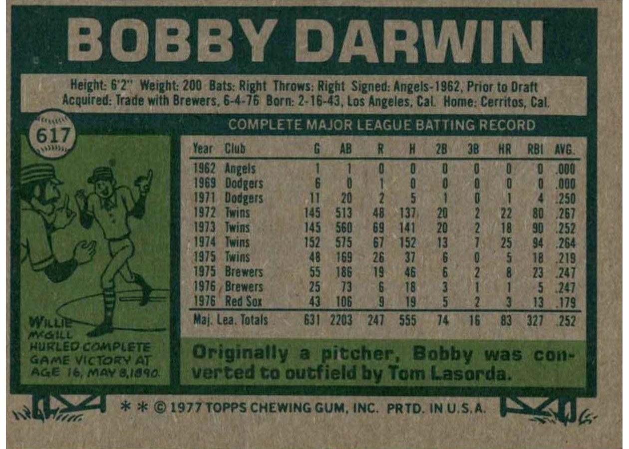 1977 Topps #617 Bobby Darwin card back
