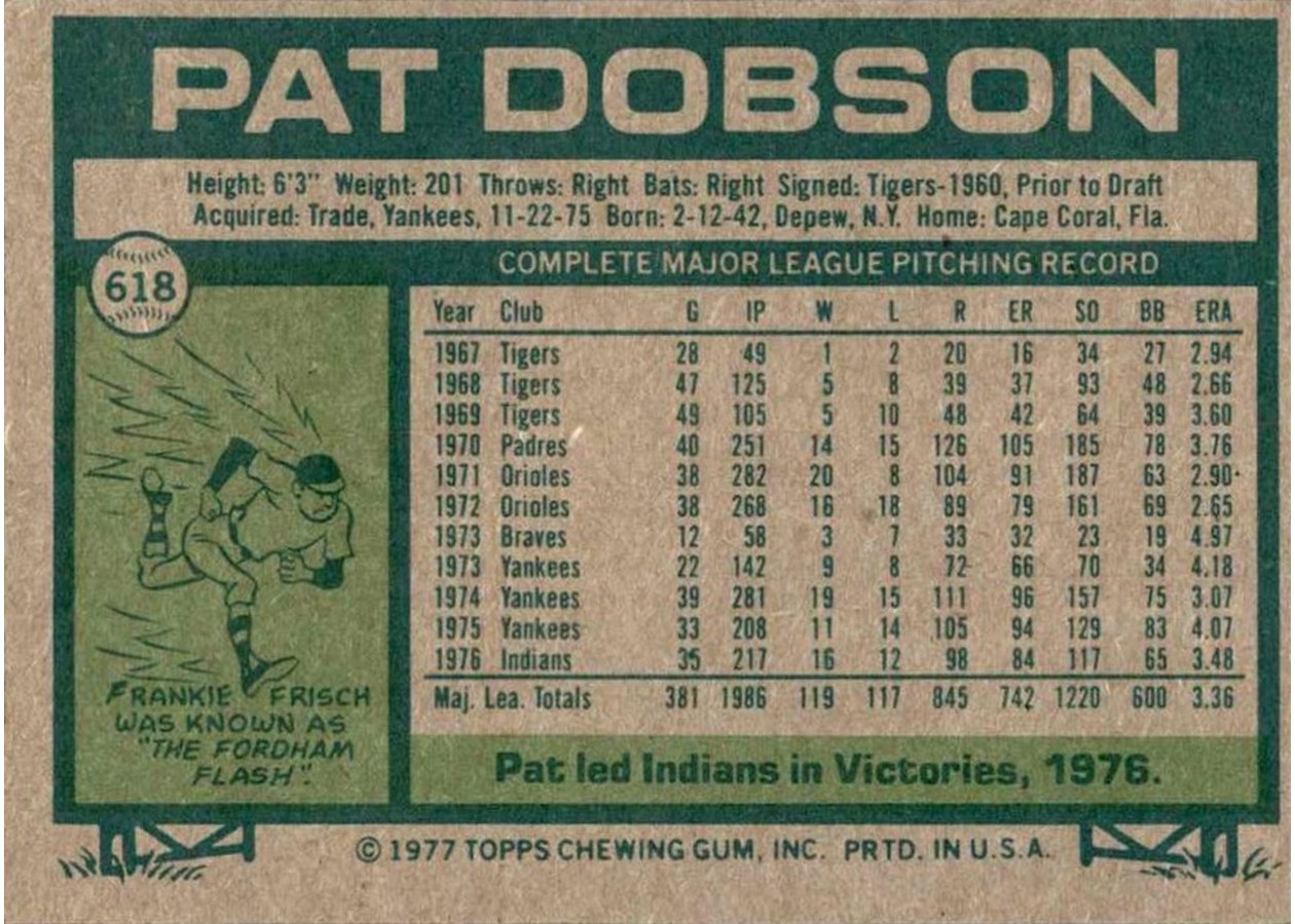 1977 Topps #618 Pat Dobson card back