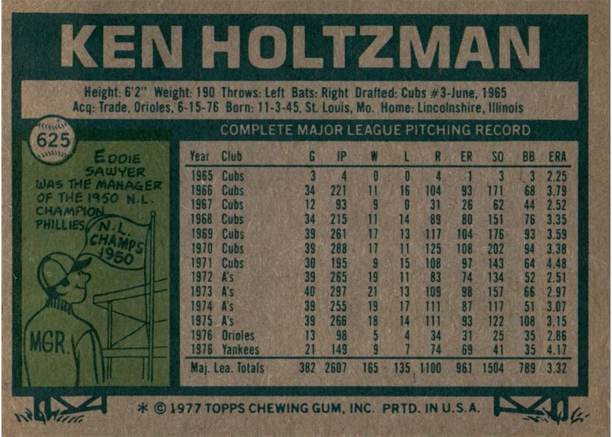 1977 Topps #625 Ken Holtzman card back