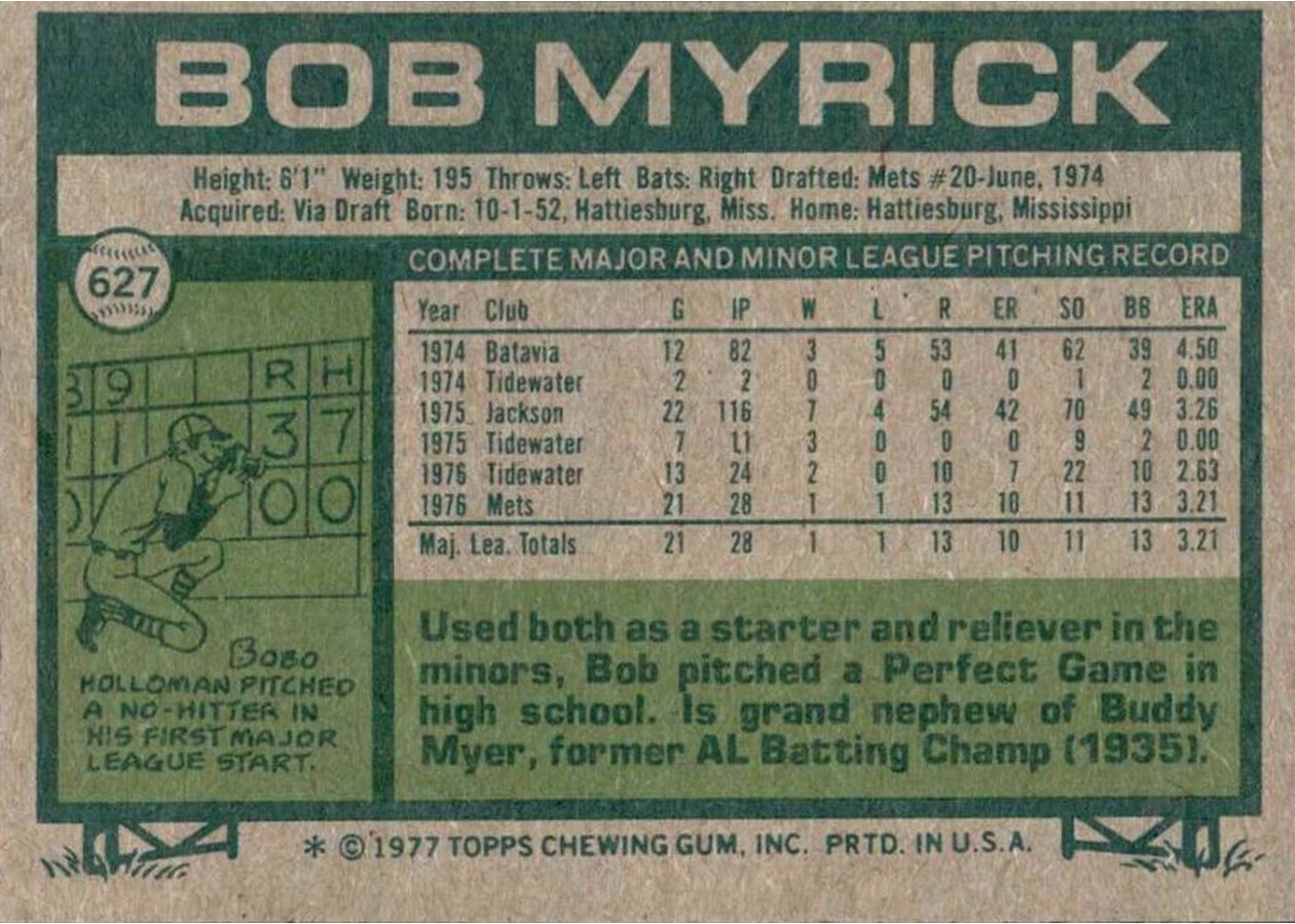 1977 Topps #627 Bob Myrick card back