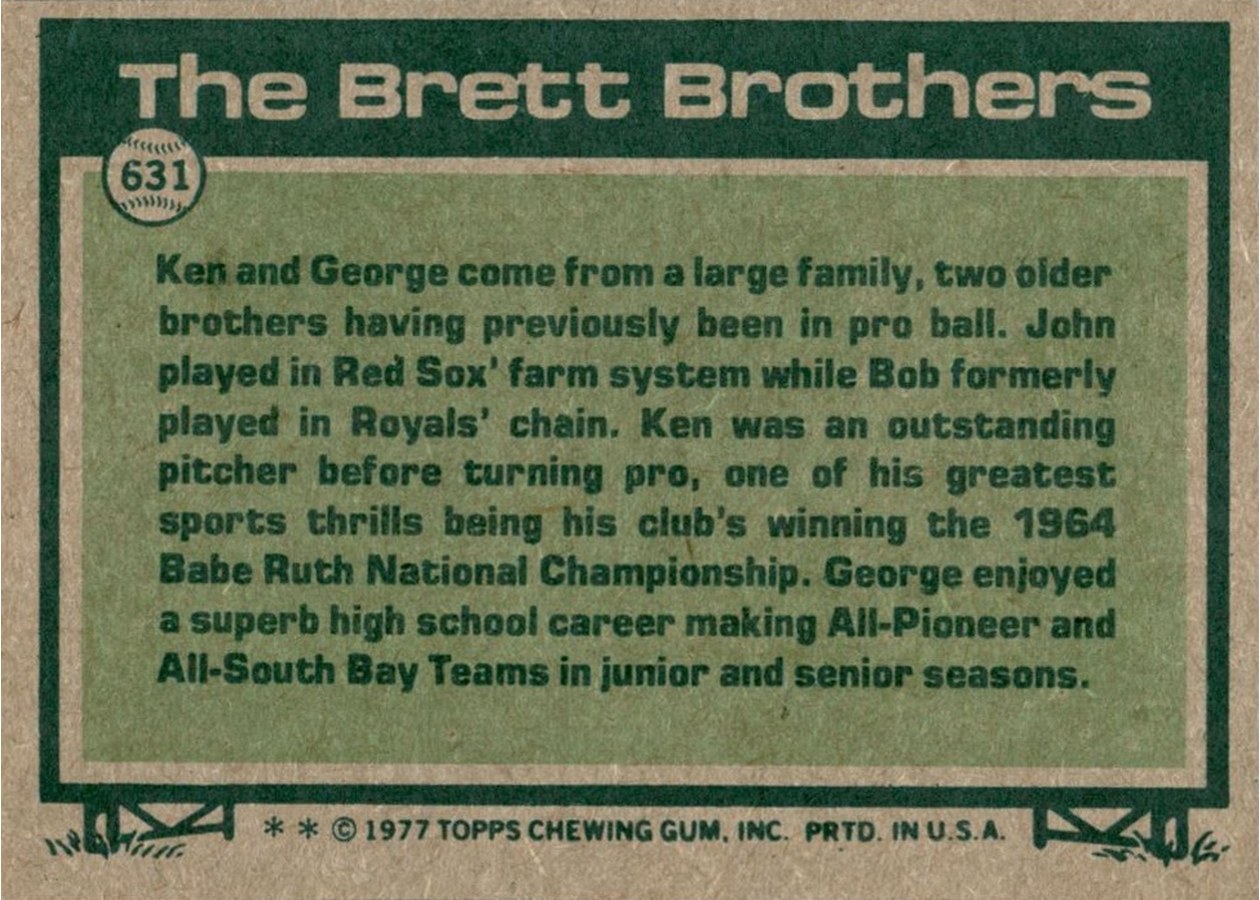 1977 Topps #631 Big League Brothers card back