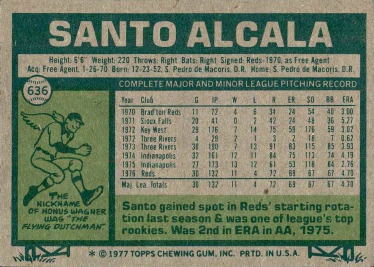 1977 Topps #636 Santo Alcala card back