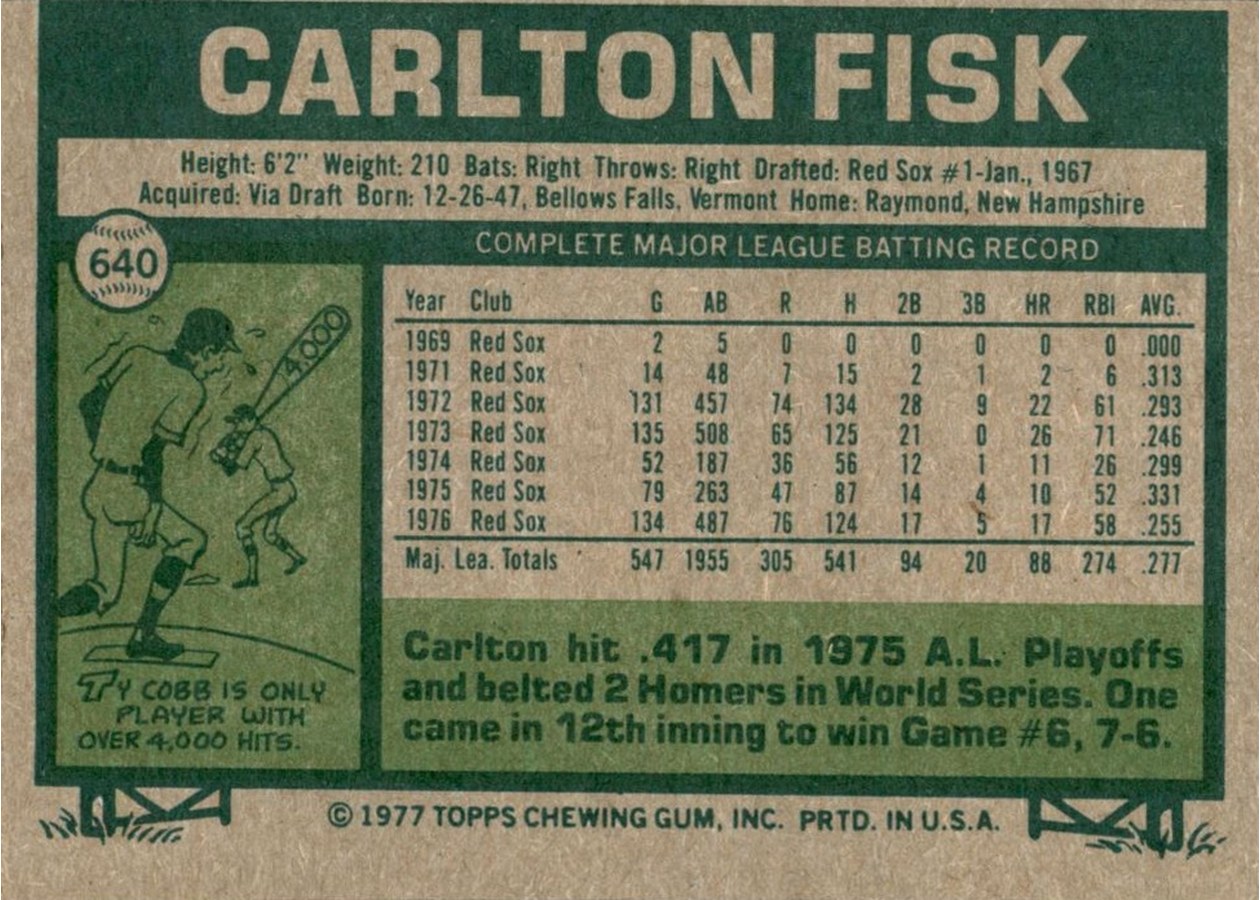 1977 Topps #640 Carlton Fisk card back