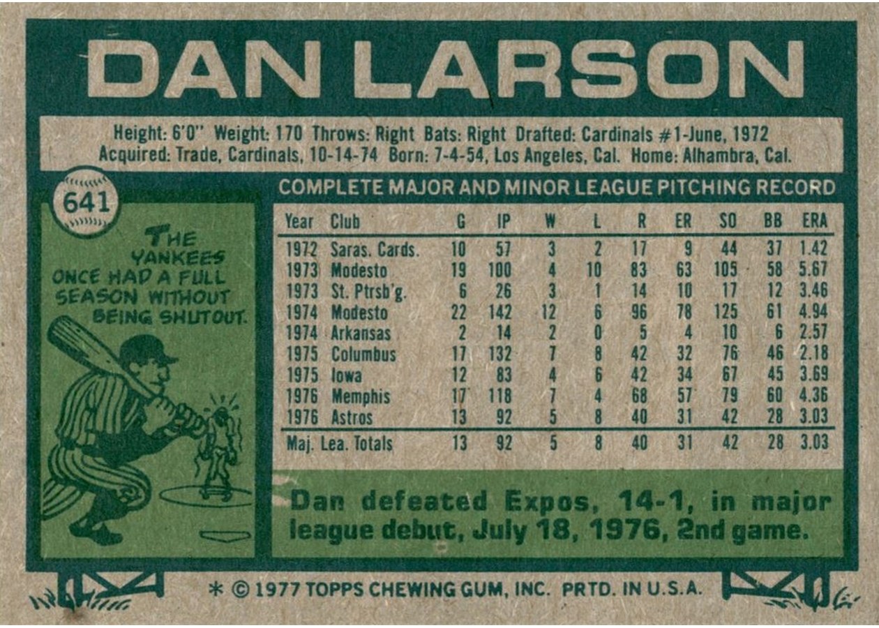 1977 Topps #641 Dan Larson card back