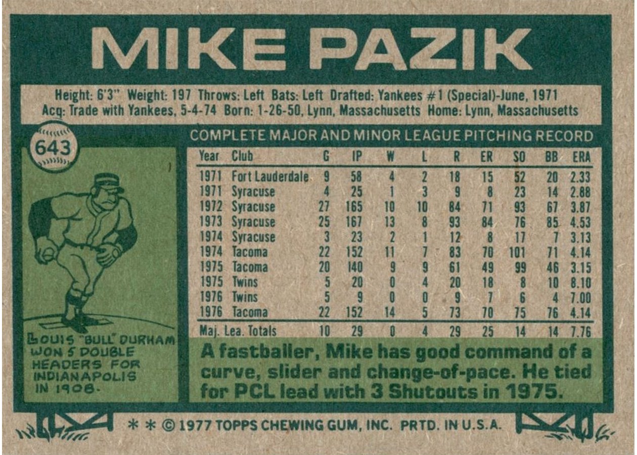 1977 Topps #643 Mike Pazik card back