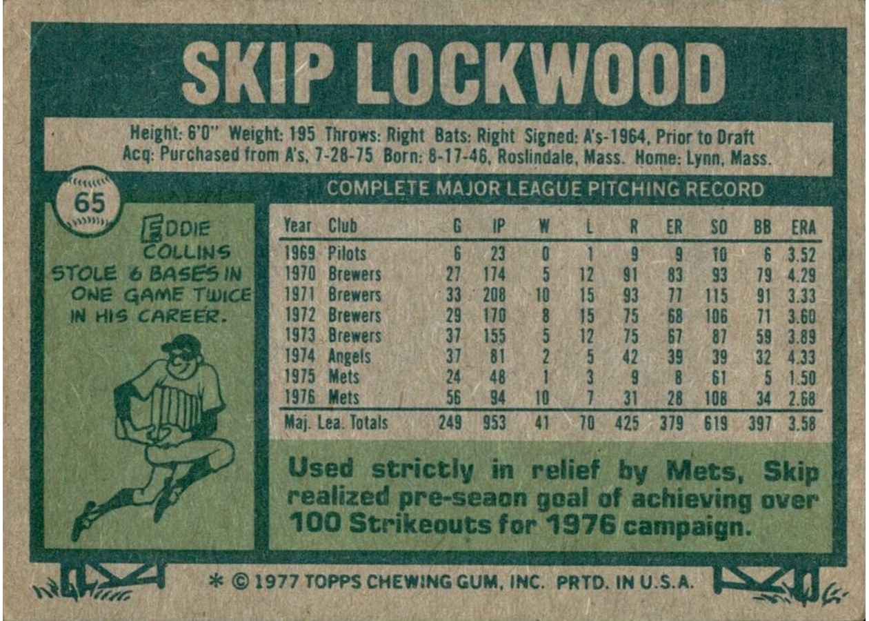 1977 Topps #65 Skip Lockwood card back
