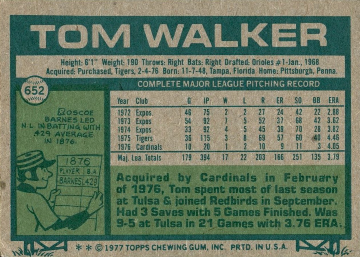 1977 Topps #652 Tom Walker card back