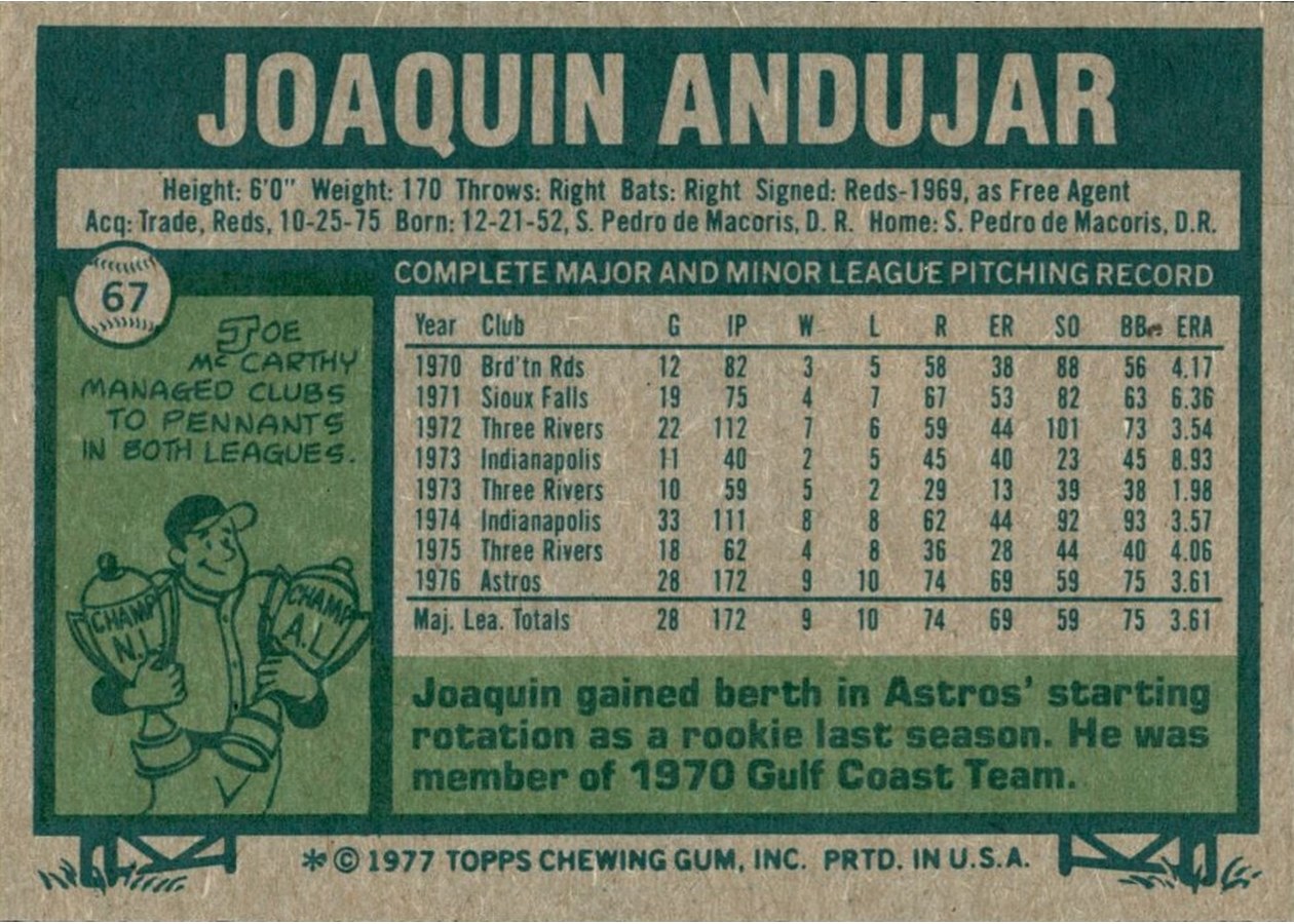 1977 Topps #67 Joaquin Andujar card back