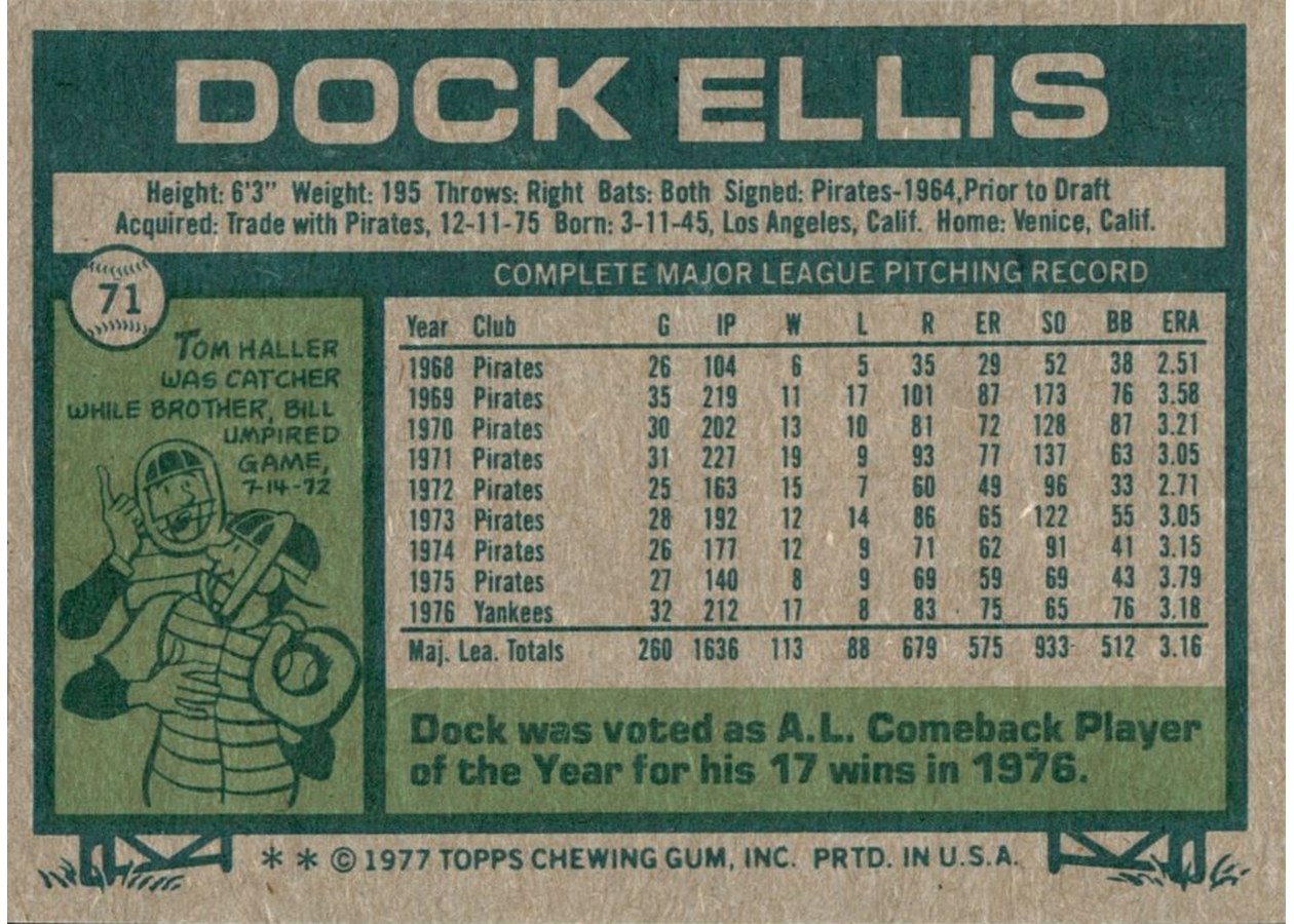 1977 Topps #71 Dock Ellis card back