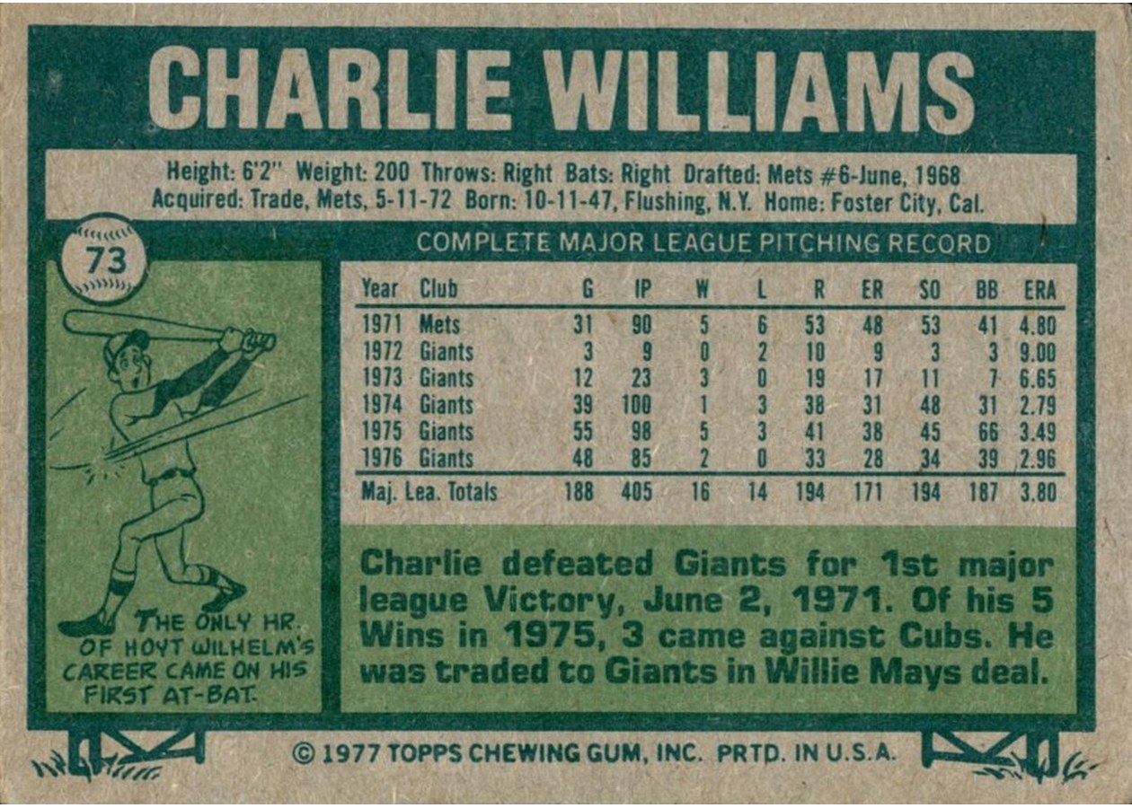 1977 Topps #73 Charlie Williams card back