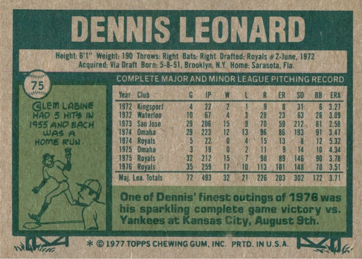 1977 Topps #75 Dennis Leonard card back