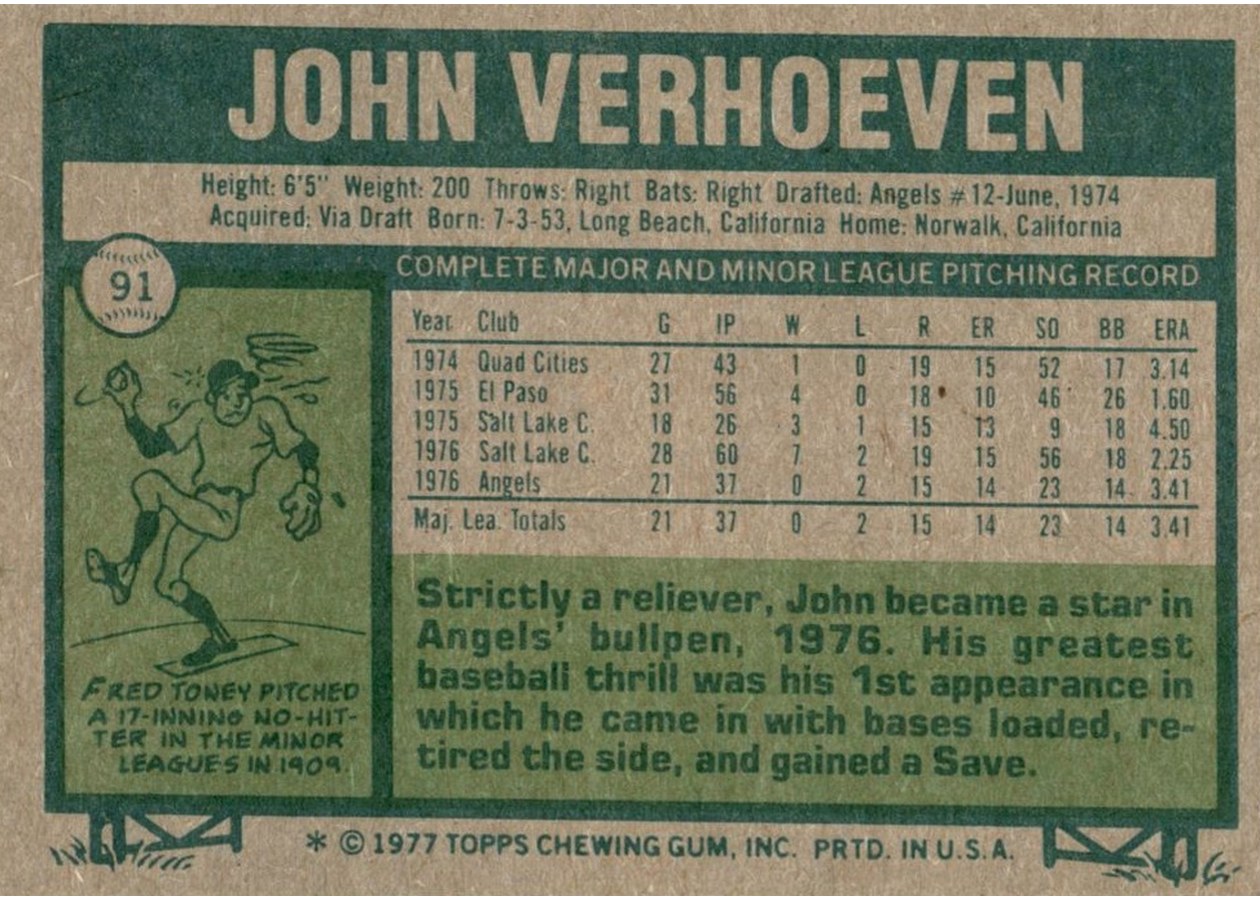 1977 Topps #91 John Verhoeven card back