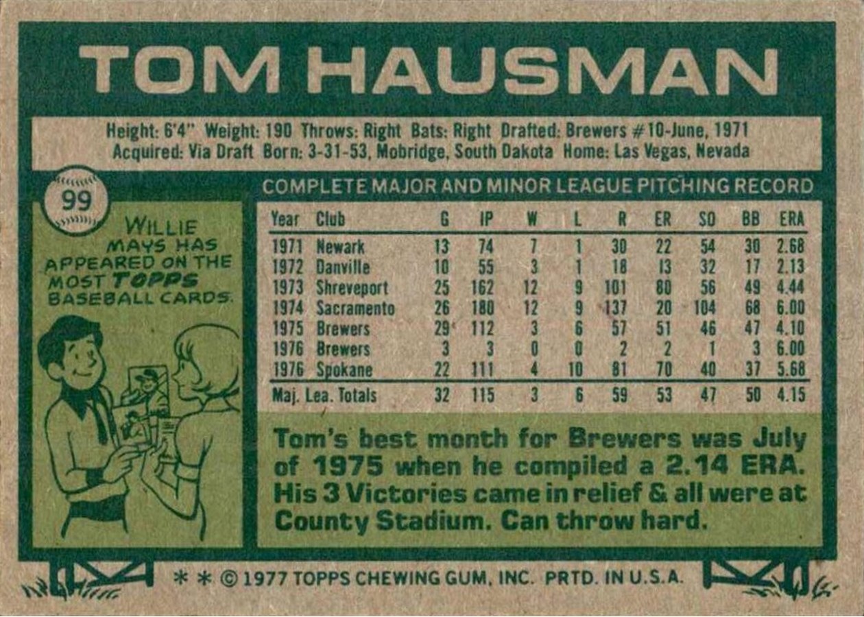 1977 Topps #99 Tom Hausman card back