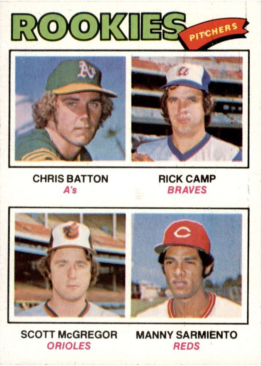 1977 Topps #475 1977 Rookie Pitchers, Oakland Athletics / Atlanta Braves / Baltimore Orioles / Cincinnati Reds