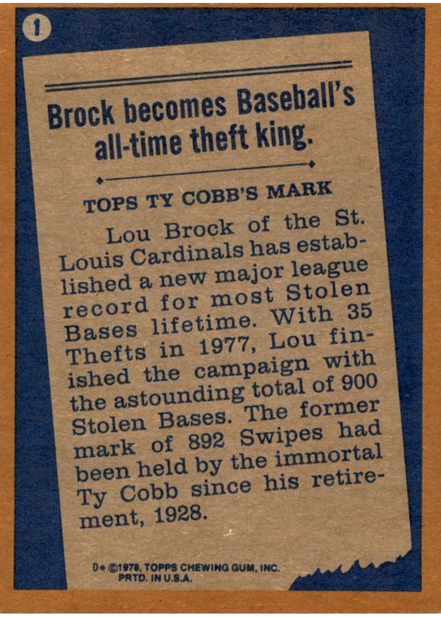 1978 Topps #1 Lou Brock card back