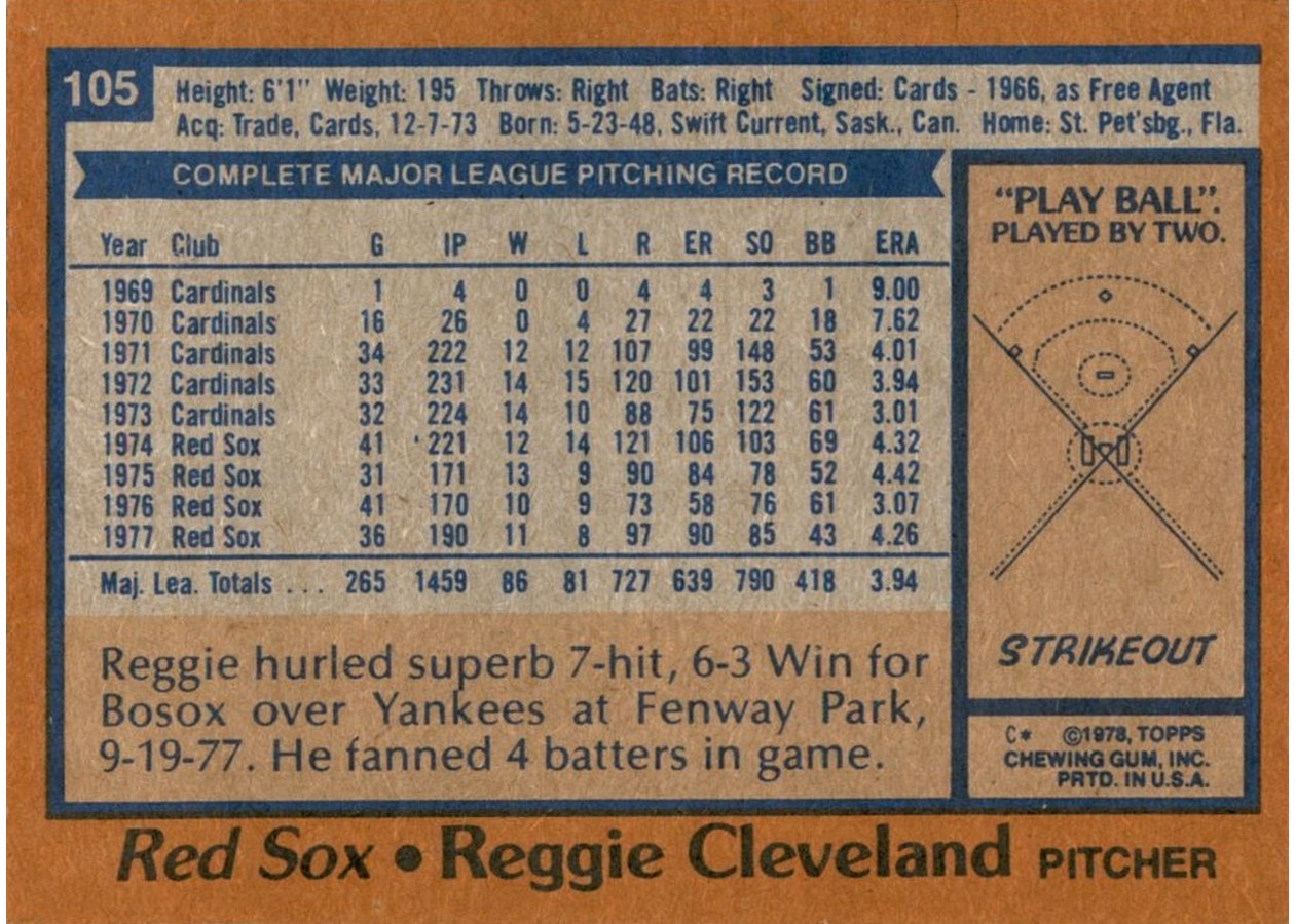 1978 Topps #105 Reggie Cleveland card back