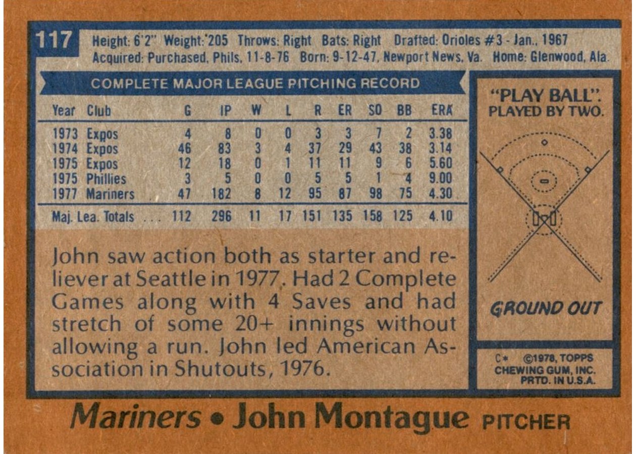 1978 Topps #117 John Montague card back