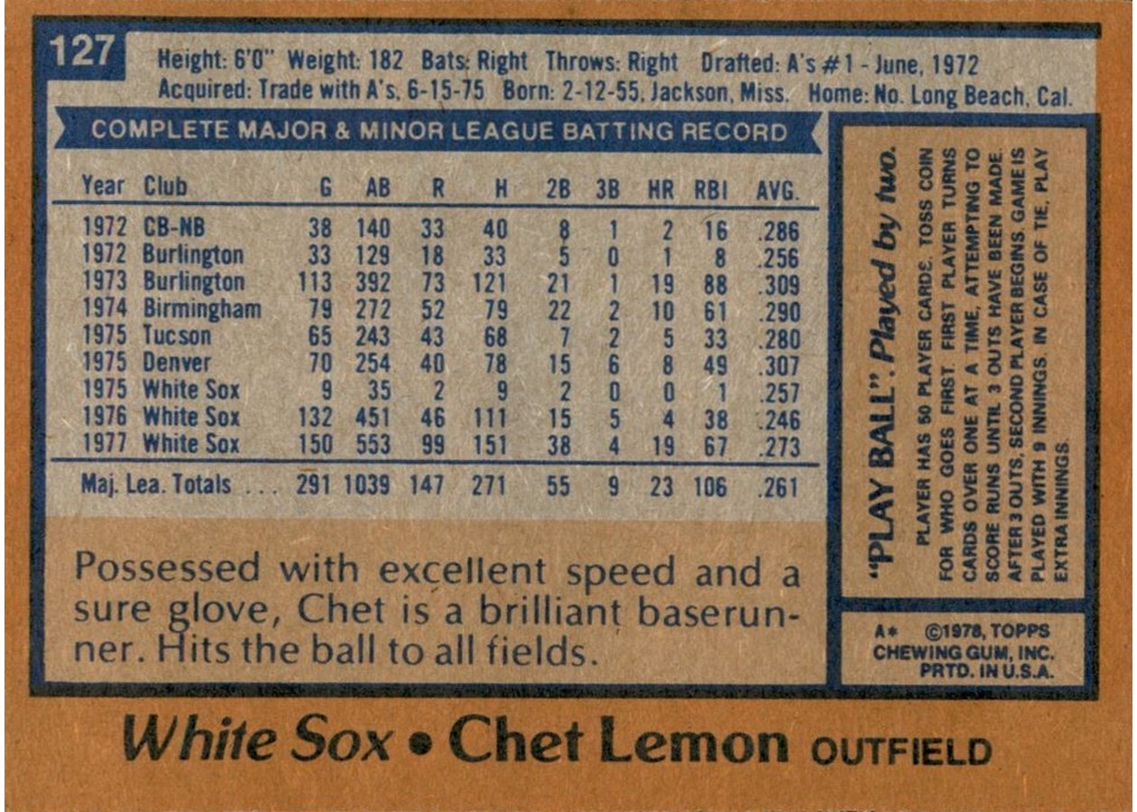 1978 Topps #127 Chet Lemon card back