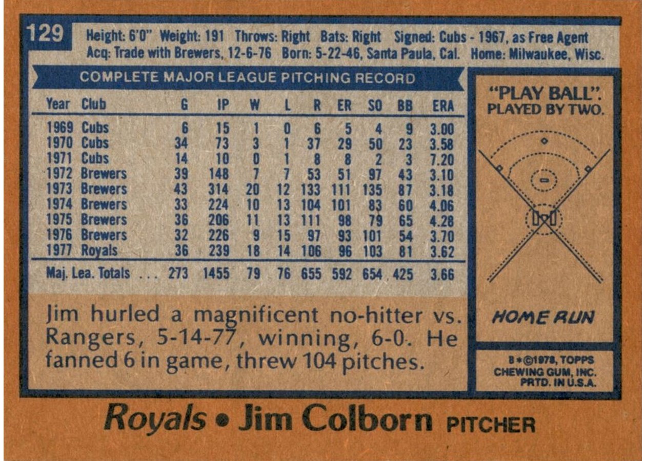 1978 Topps #129 Jim Colborn card back