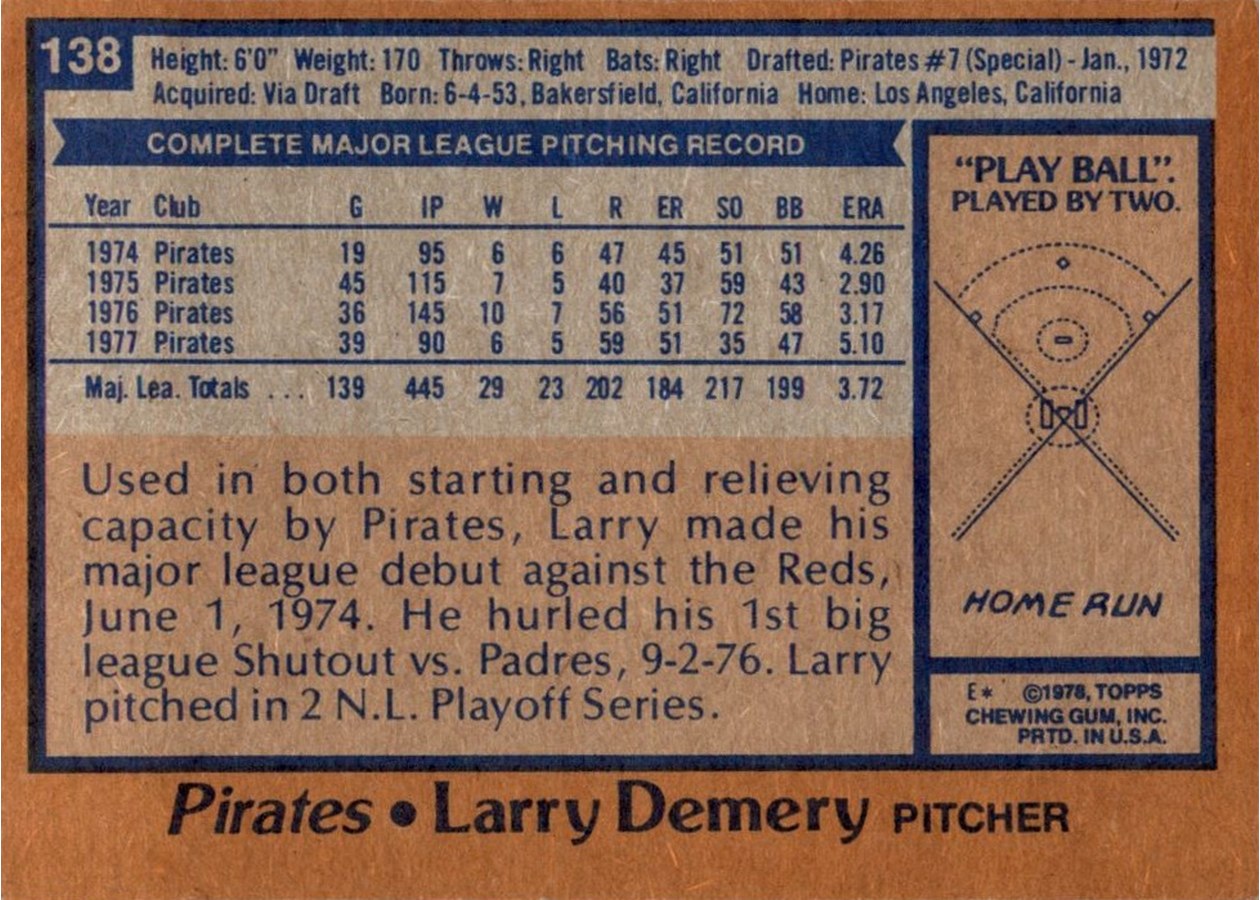 1978 Topps #138 Larry Demery card back