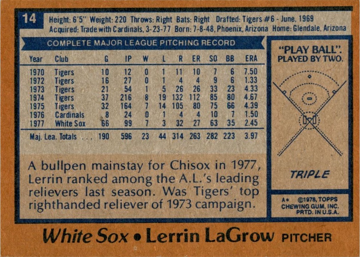 1978 Topps #14 Lerrin LaGrow card back