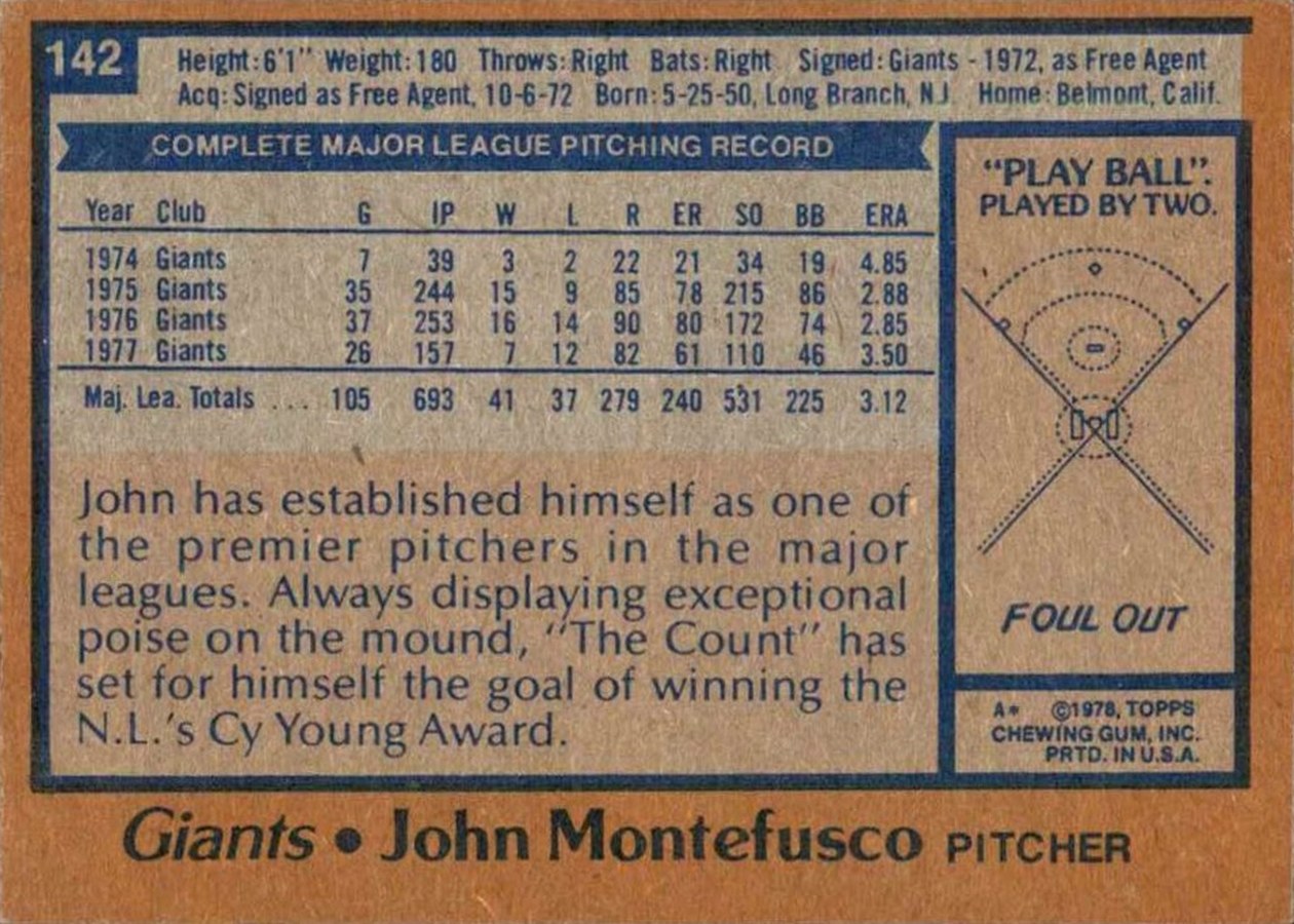 1978 Topps #142 John Montefusco card back