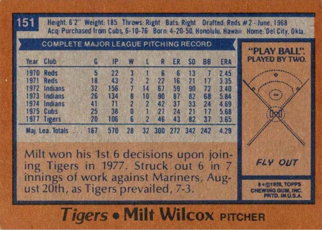 1978 Topps #151 Milt Wilcox card back