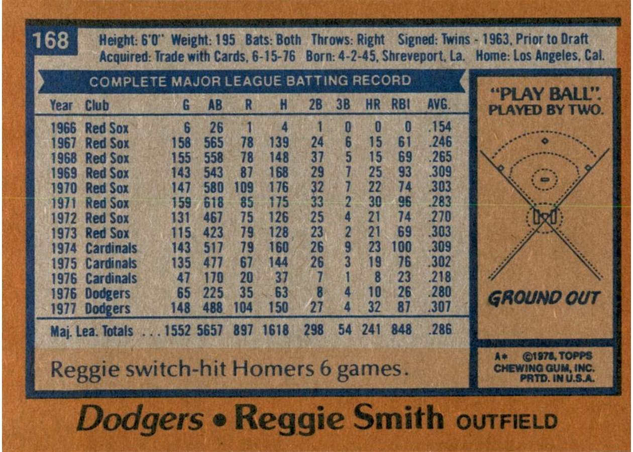 1978 Topps #168 Reggie Smith card back