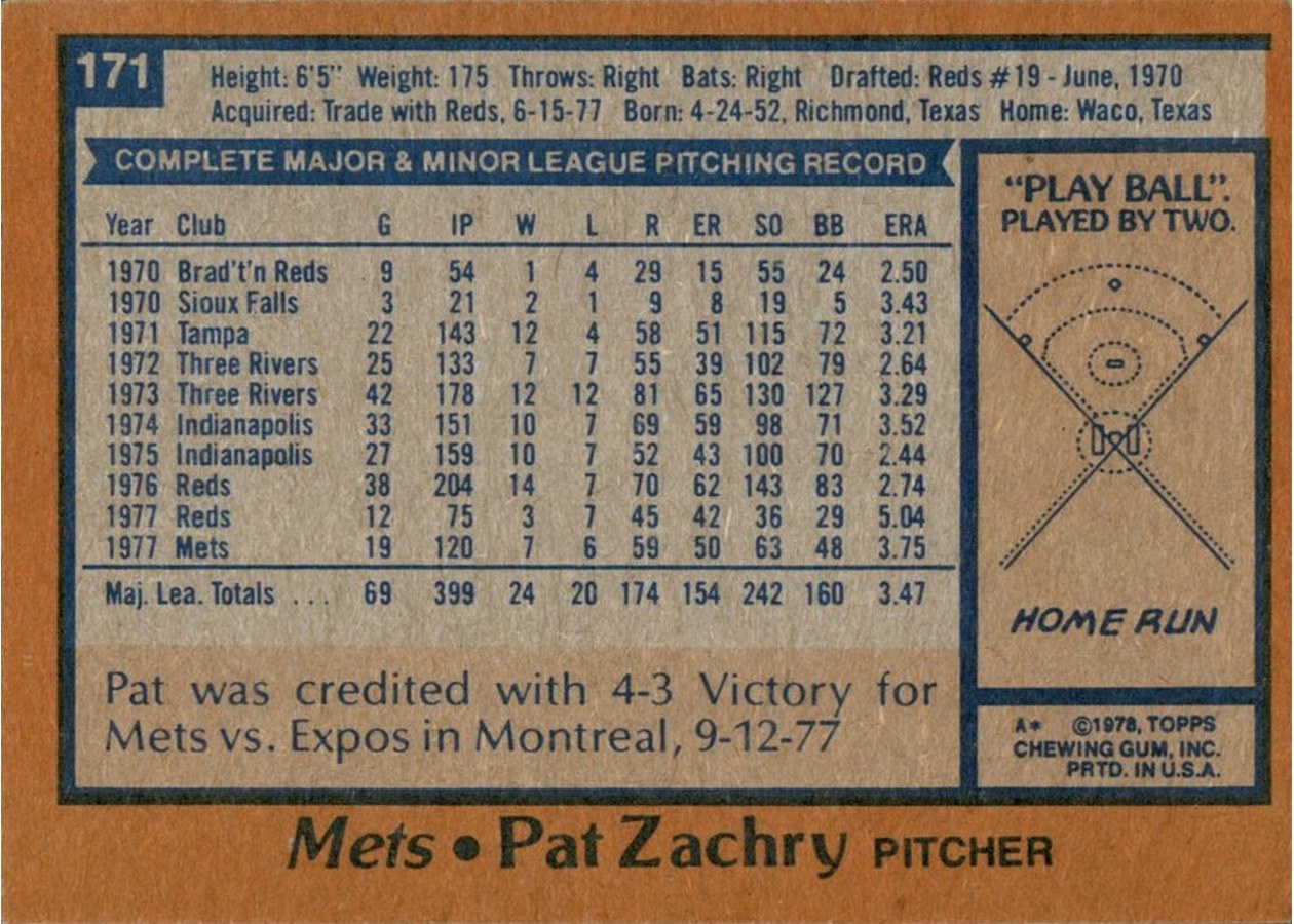 1978 Topps #171 Pat Zachry card back
