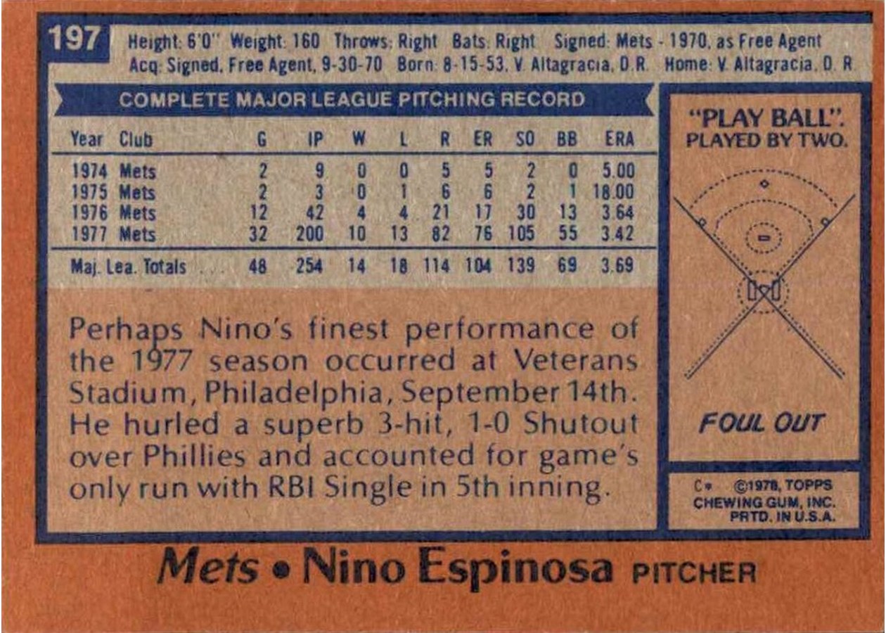 1978 Topps #197 Nino Espinosa card back