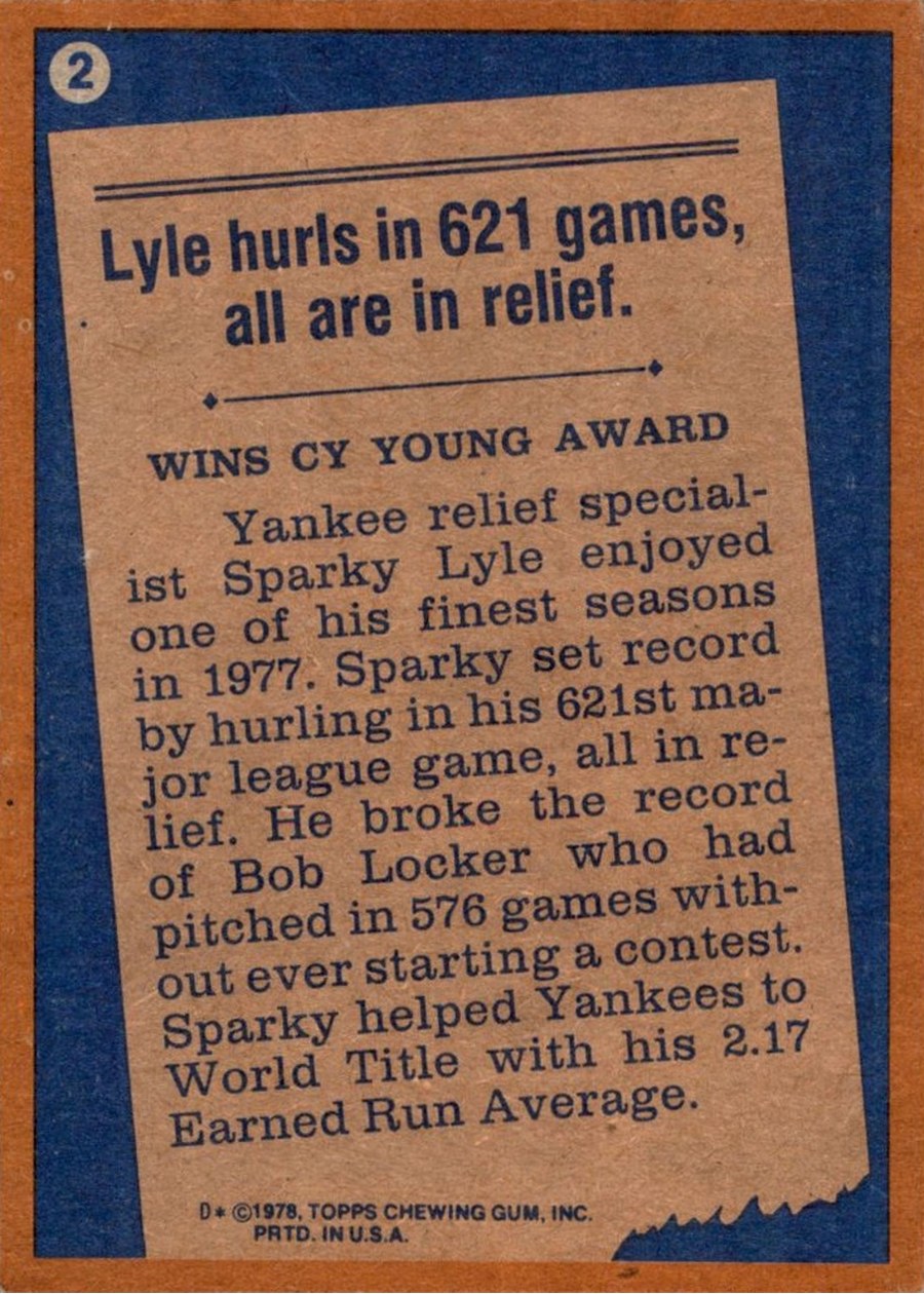 1978 Topps #2 Sparky Lyle card back
