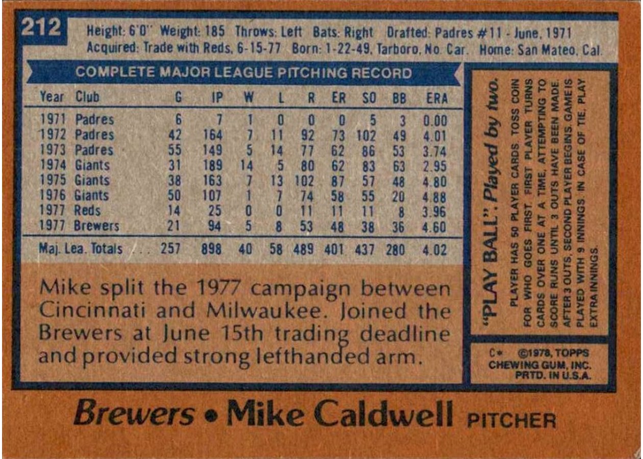 1978 Topps #212 Mike Caldwell card back
