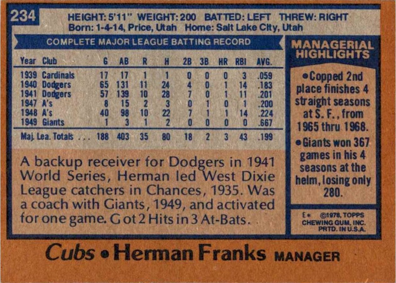 1978 Topps #234 Herman Franks card back