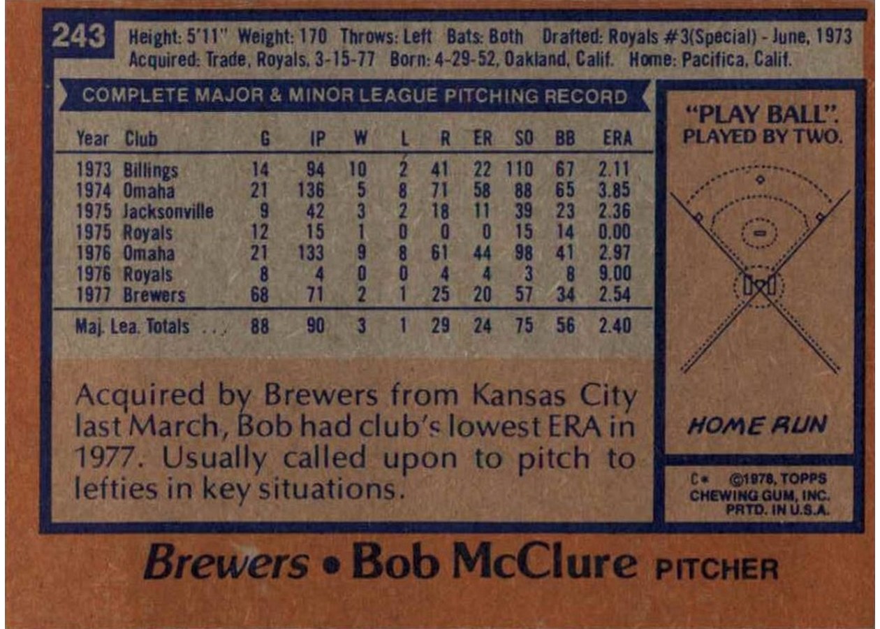 1978 Topps #243 Bob McClure card back