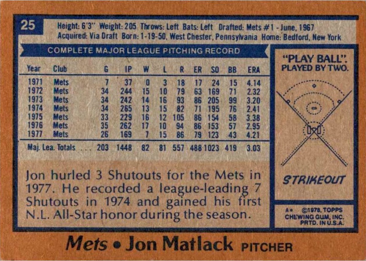 1978 Topps #25 Jon Matlack card back