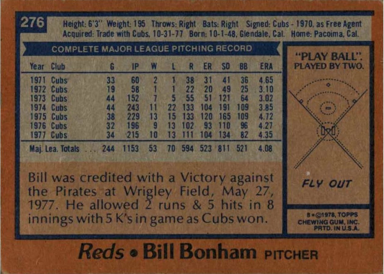 1978 Topps #276 Bill Bonham card back