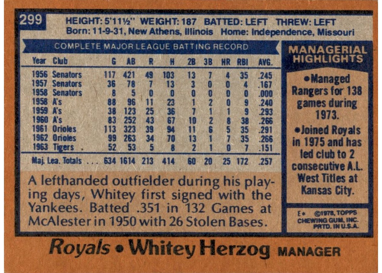 1978 Topps #299 Whitey Herzog card back