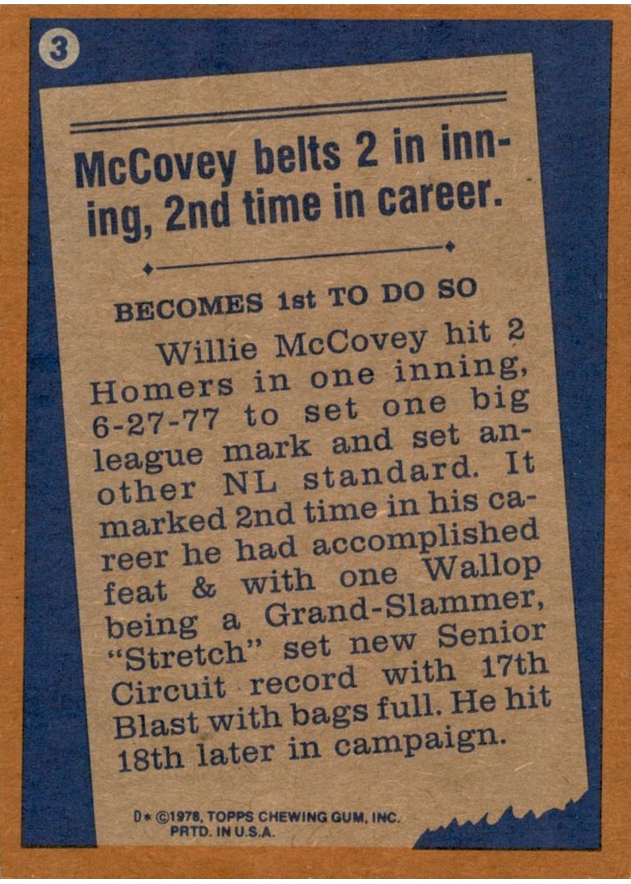 1978 Topps #3 Willie McCovey card back