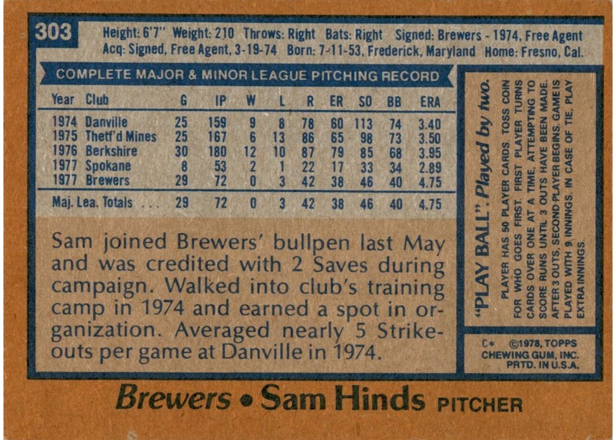1978 Topps #303 Sam Hinds card back